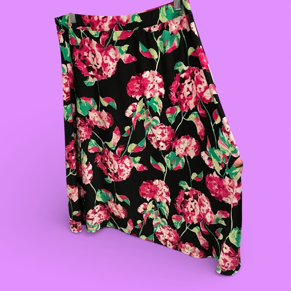 Cute floral slinky pull on midi skirt flowy elastic waist Kasper whimsigoth
